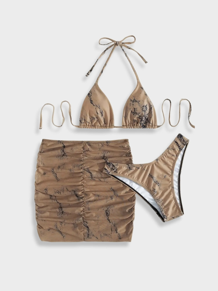 THREE-PIECE SWIMSUIT SET - TAN AND BLACK BIKINI SET WITH MATCHING SKIRT