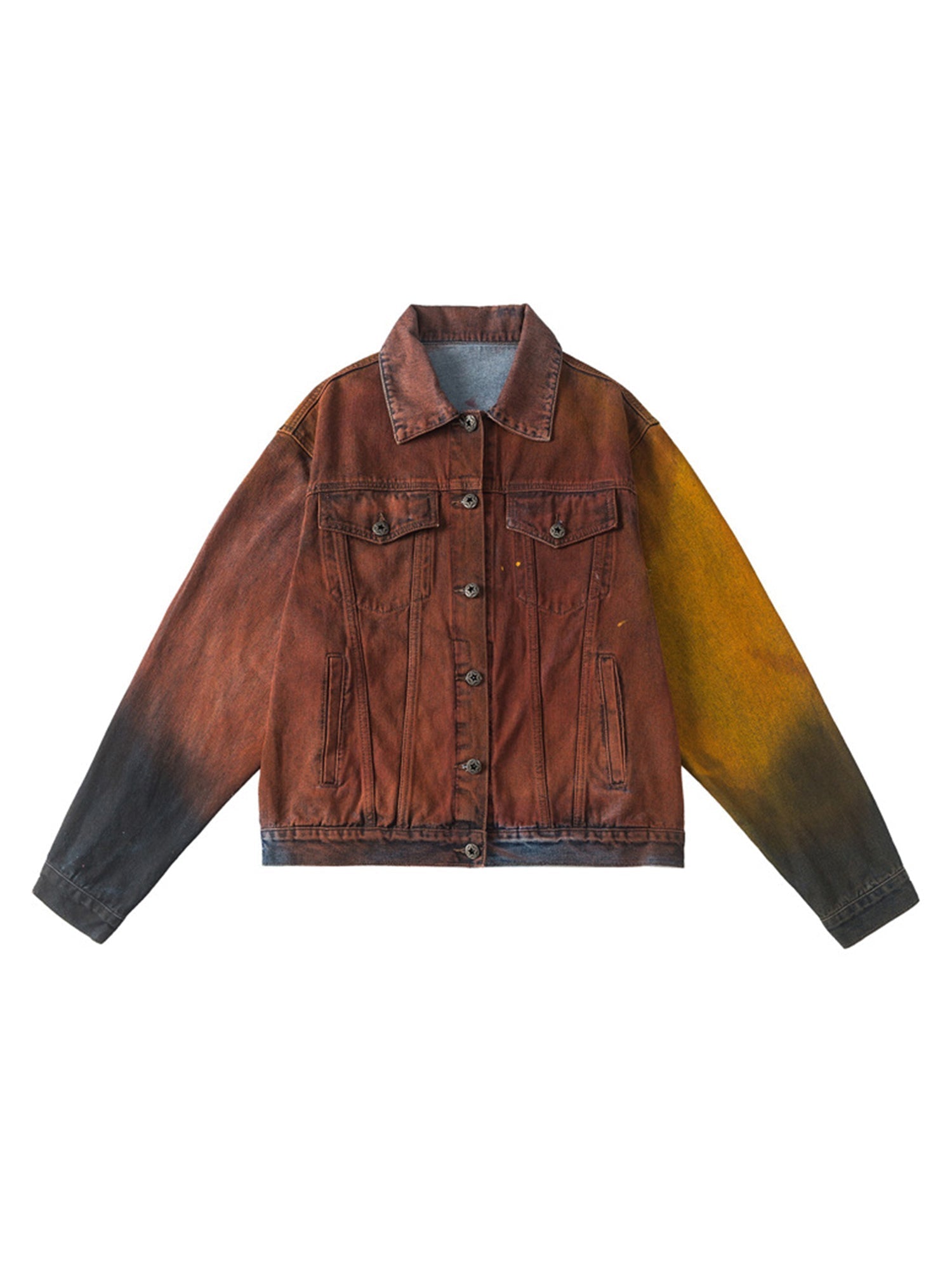 TIE-DYE DENIM JACKET IN BROWN AND YELLOW - HIGH STREET DISTRESSED STYLE