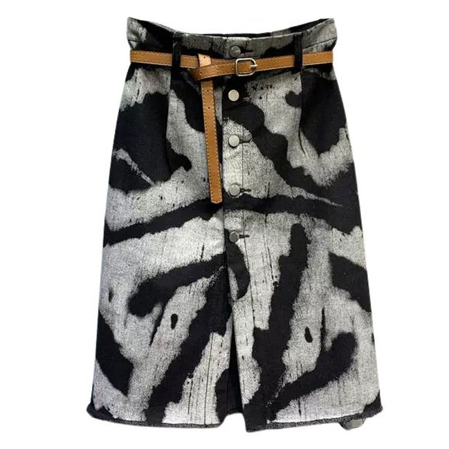 TIE-DYE DENIM SKIRT GRUNGE AESTHETIC MIDI DENIM