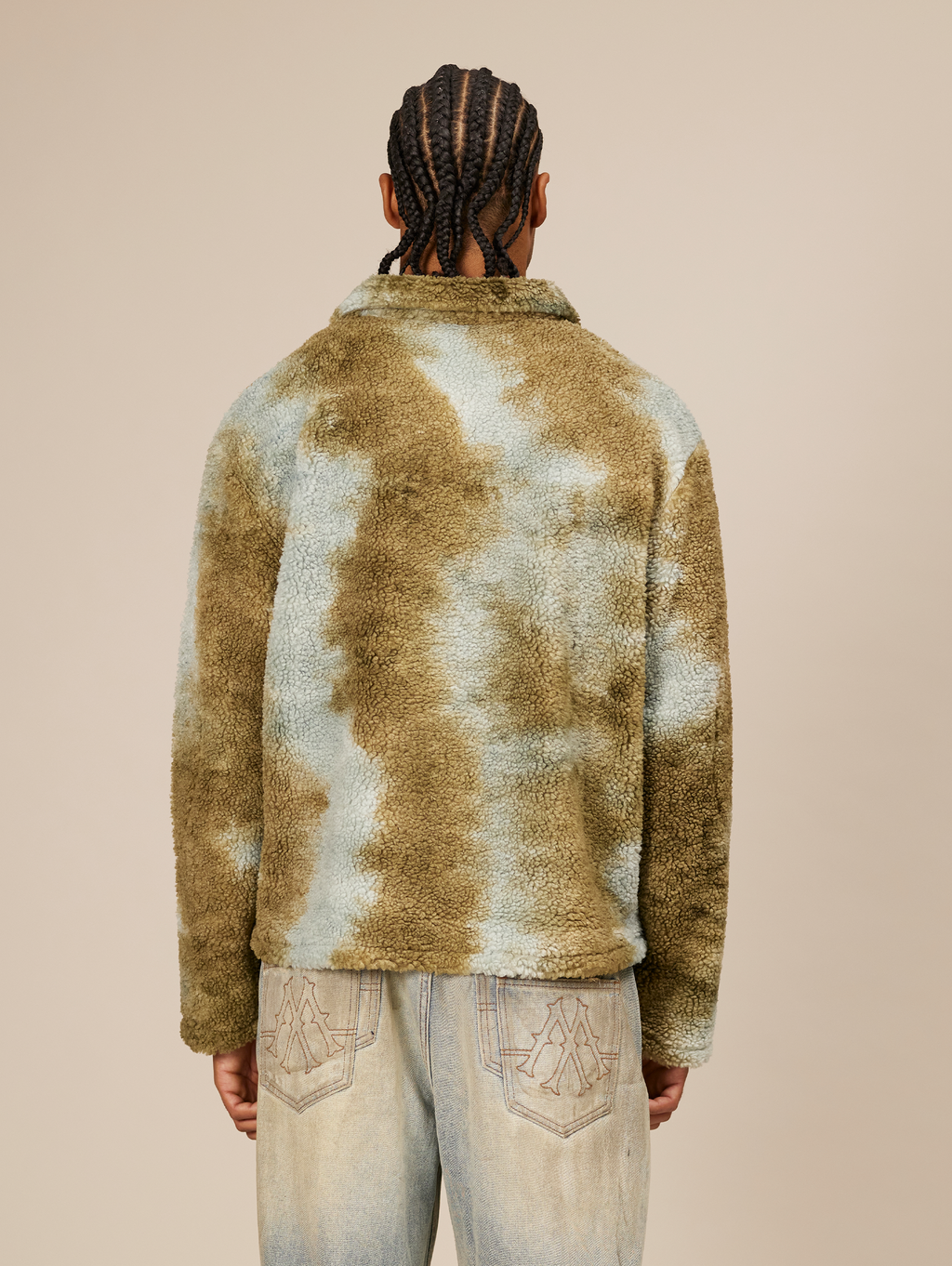 TIE-DYE FAUX FUR COLLARED SHIRT OVERSIZED DROPPED SHOULDER DESIGN