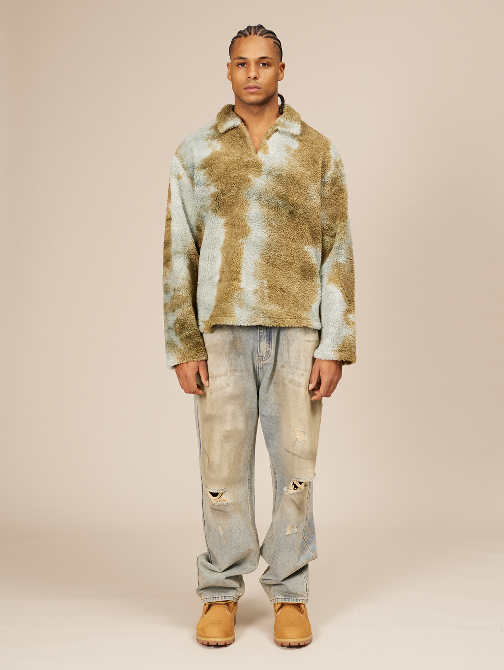 TIE-DYE FAUX FUR COLLARED SHIRT OVERSIZED DROPPED SHOULDER DESIGN