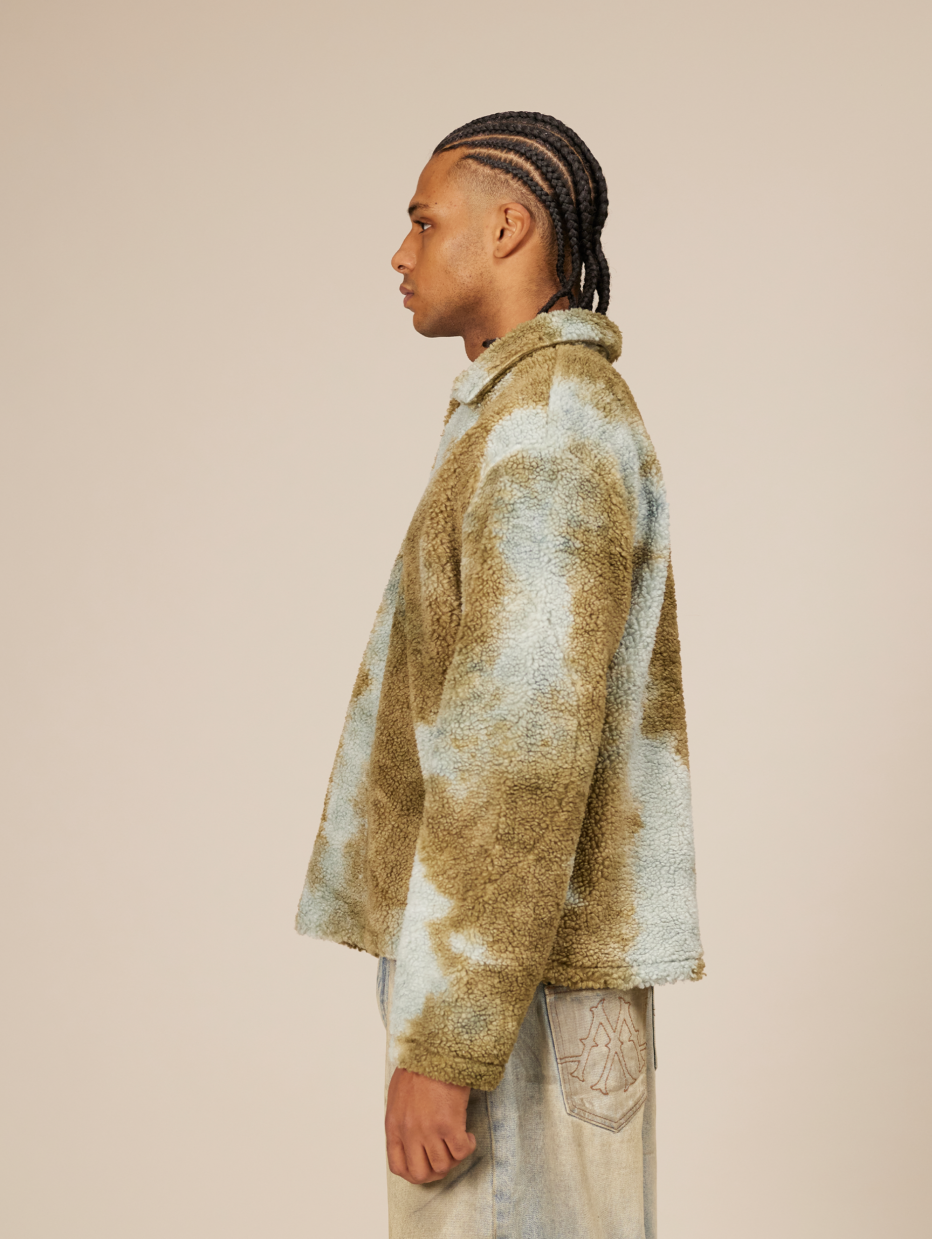 TIE-DYE FAUX FUR COLLARED SHIRT OVERSIZED DROPPED SHOULDER DESIGN