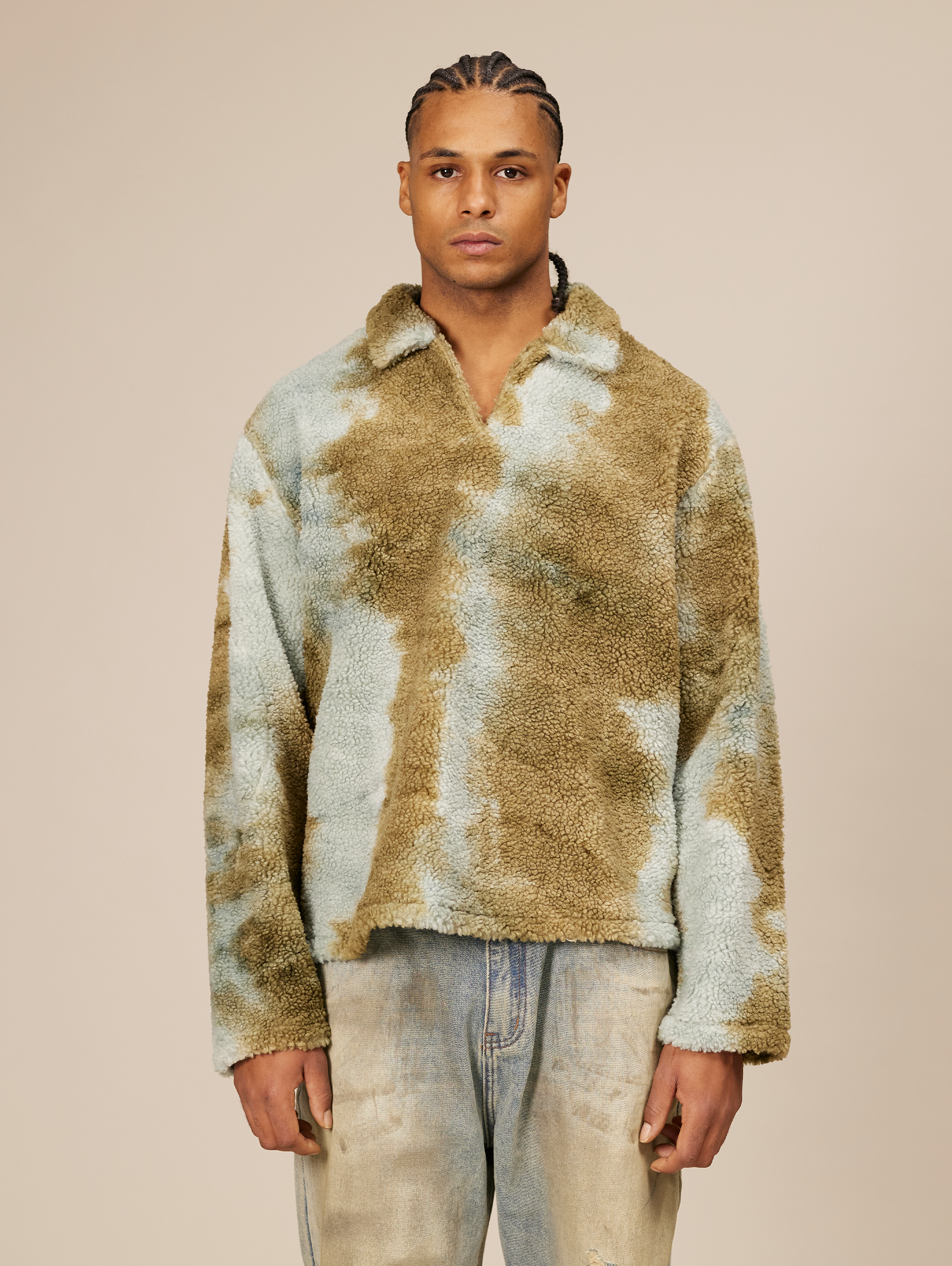 TIE-DYE FAUX FUR COLLARED SHIRT OVERSIZED DROPPED SHOULDER DESIGN