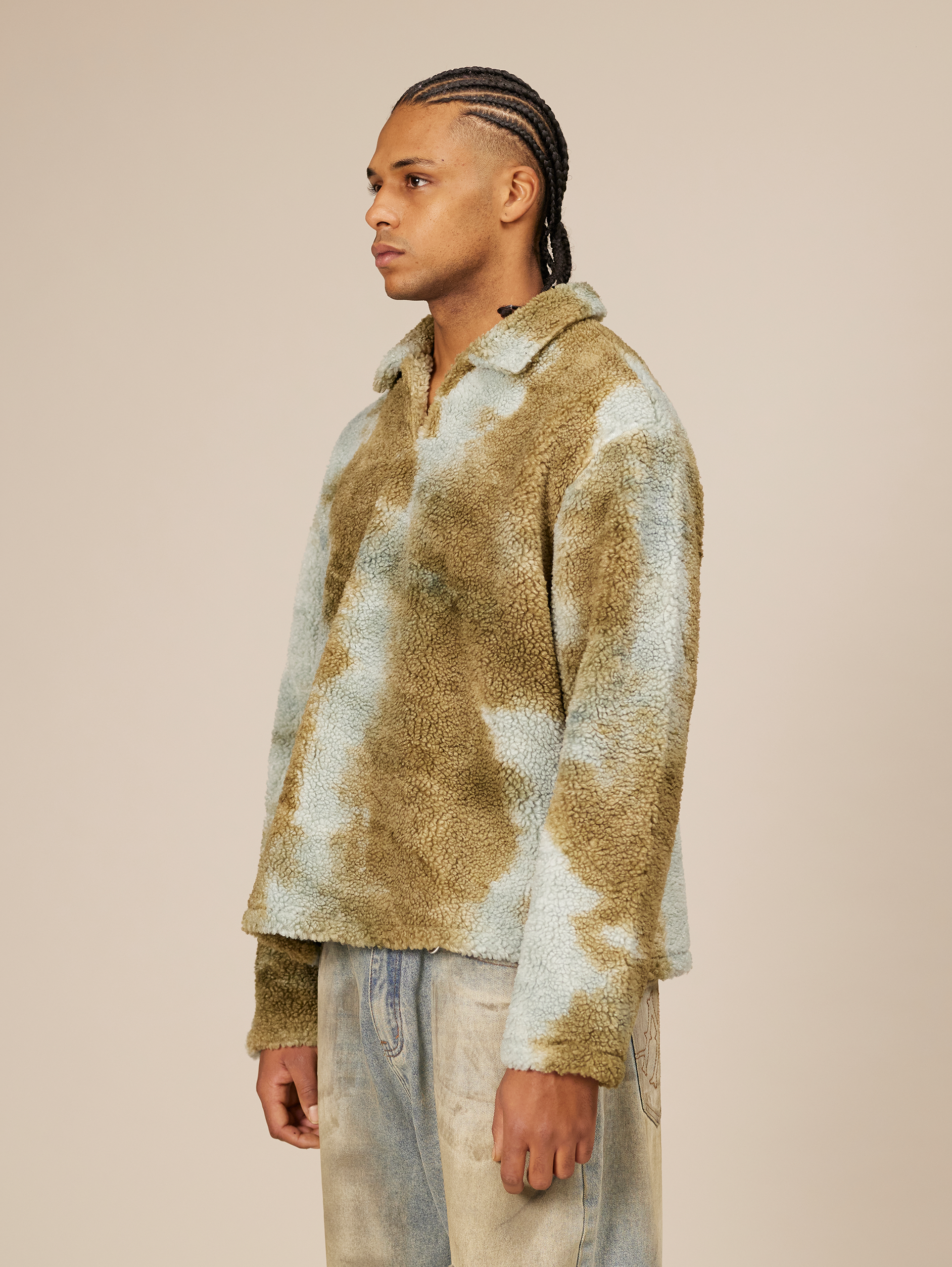 TIE-DYE FAUX FUR COLLARED SHIRT OVERSIZED DROPPED SHOULDER DESIGN