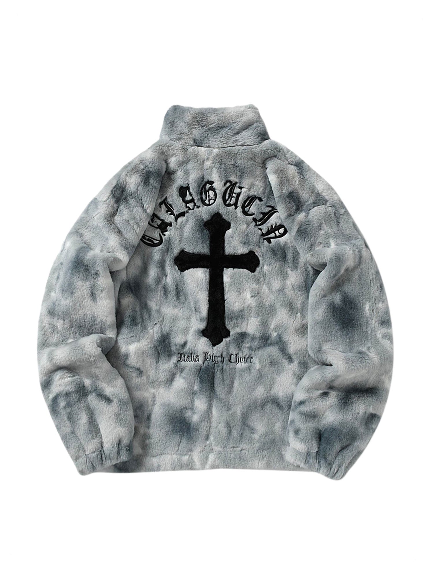 TIE-DYE FAUX FUR JACKET WITH STAND COLLAR AND CROSS URBAN JACKET