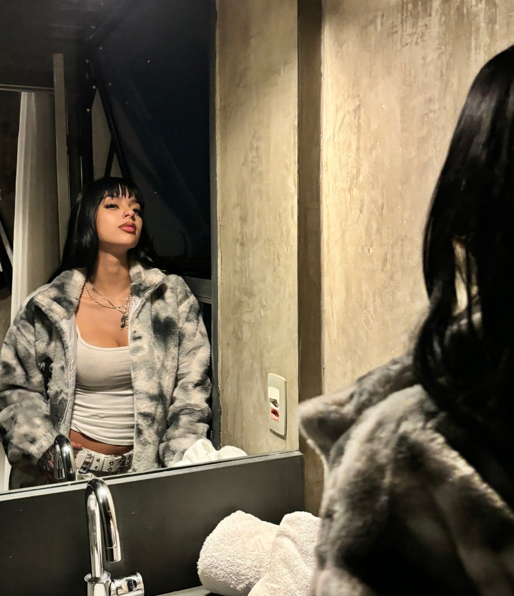 TIE-DYE FAUX FUR JACKET WITH STAND COLLAR AND CROSS URBAN JACKET