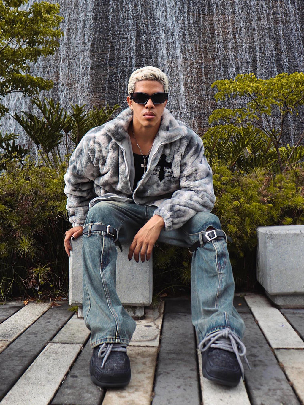 TIE-DYE FAUX FUR JACKET WITH STAND COLLAR AND CROSS URBAN JACKET