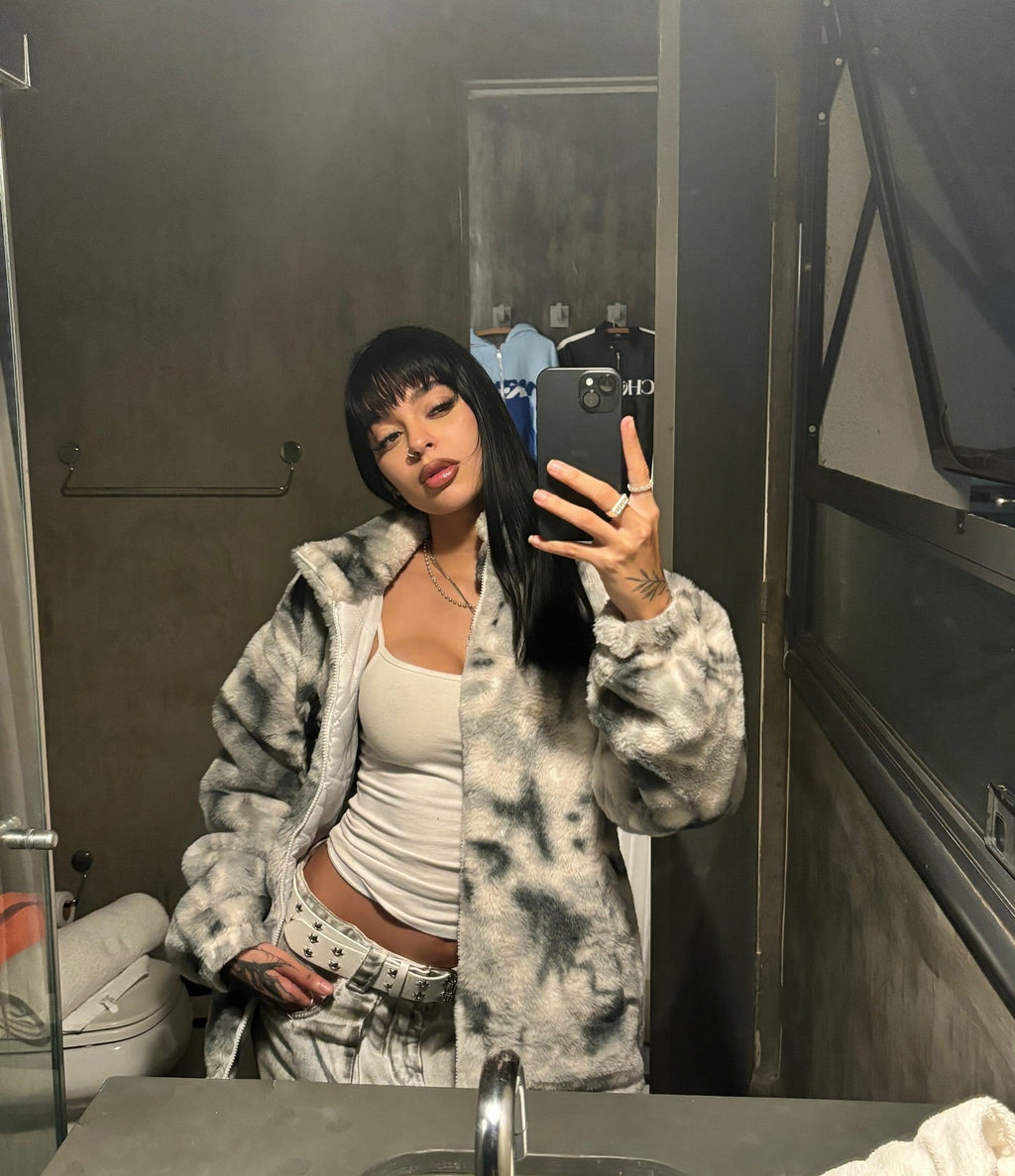 TIE-DYE FAUX FUR JACKET WITH STAND COLLAR AND CROSS URBAN JACKET