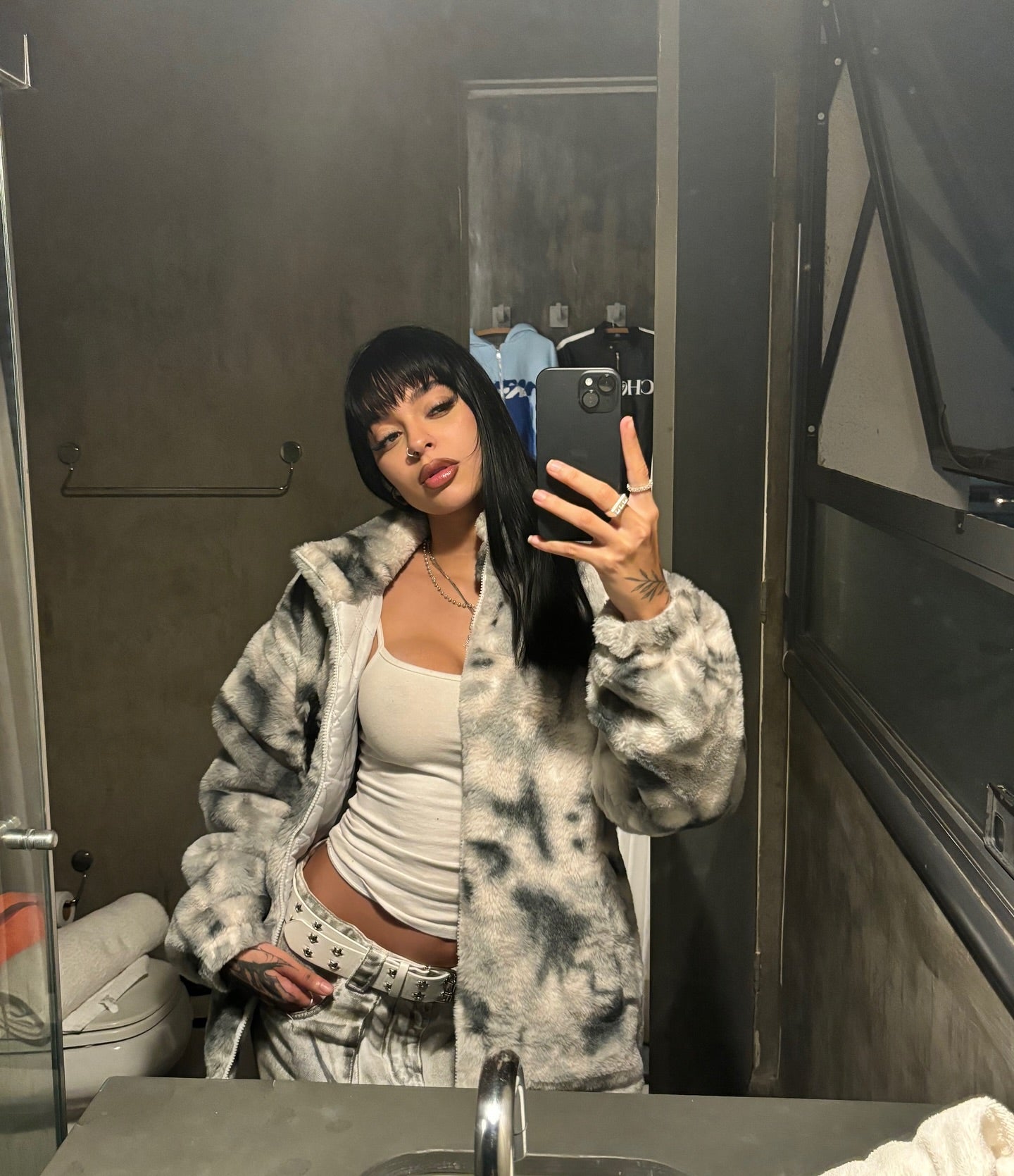 TIE-DYE FAUX FUR JACKET WITH STAND COLLAR AND CROSS URBAN JACKET