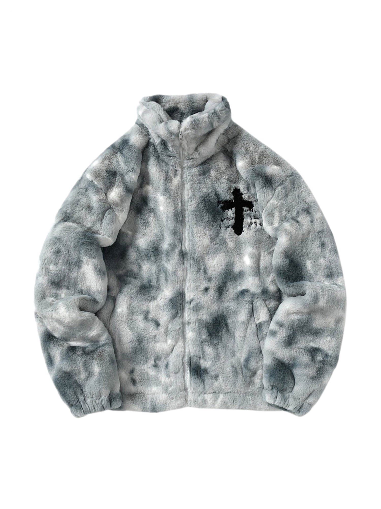 TIE-DYE FAUX FUR JACKET WITH STAND COLLAR AND CROSS URBAN JACKET
