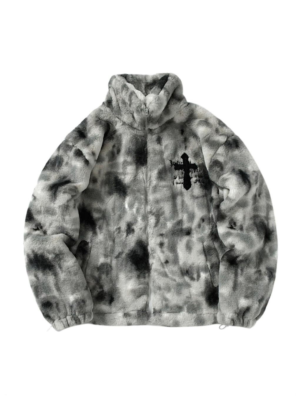 TIE-DYE FAUX FUR JACKET WITH STAND COLLAR AND CROSS URBAN JACKET