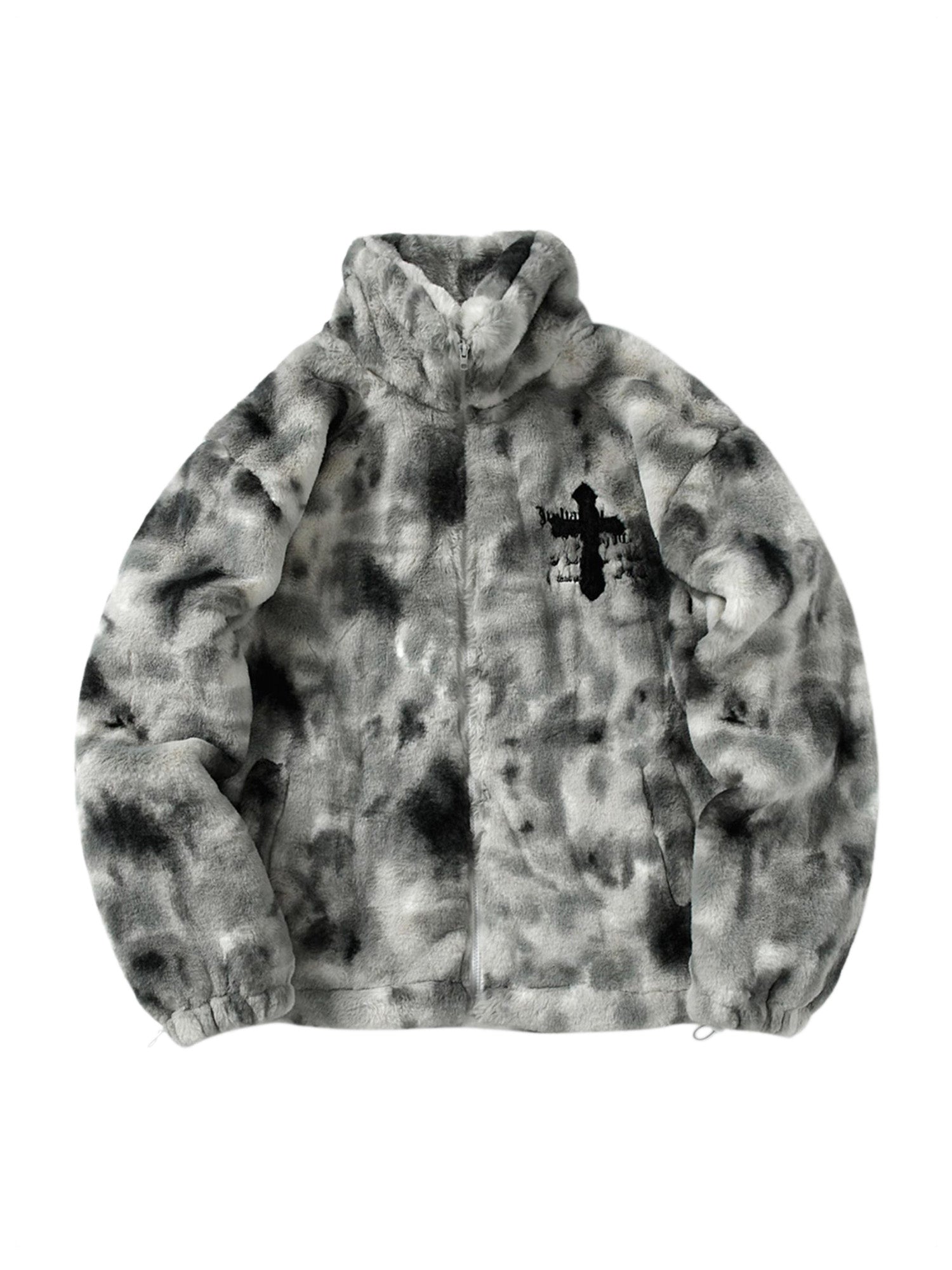 TIE-DYE FAUX FUR JACKET WITH STAND COLLAR AND CROSS URBAN JACKET