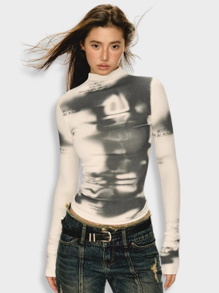 TIE-DYE TURTLENECK TOP - VINTAGE Y2K SLIM STYLE