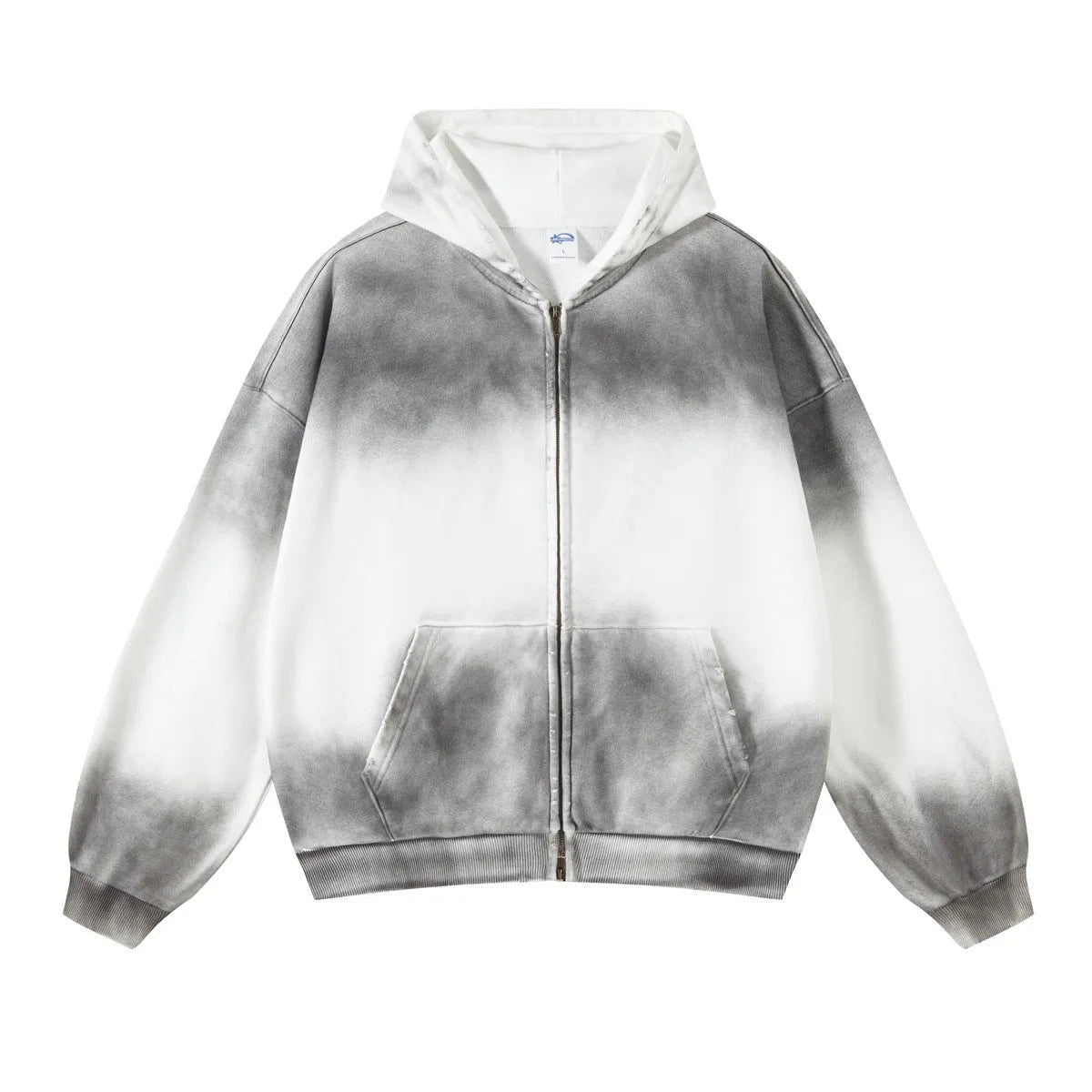 TIE-DYE ZIP-UP HOODIE - HIGH WASHED GRAY AND WHITE DESIGN
