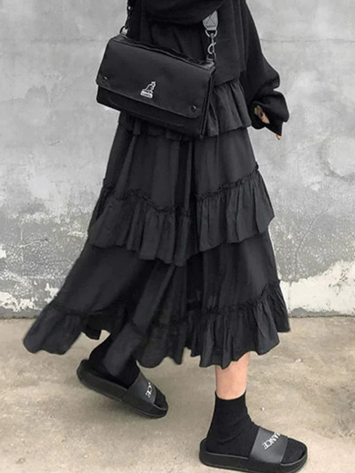 TIERED RUFFLE SKIRT OUTFIT - SLIM-FIT MIDI SKIRT ENSEMBLE