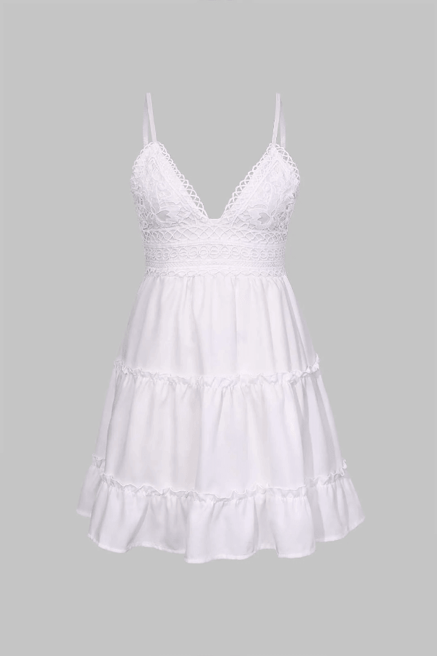 TIERED SUNDRESS WITH LACE TRIM IN SOFT WHITE COTTON