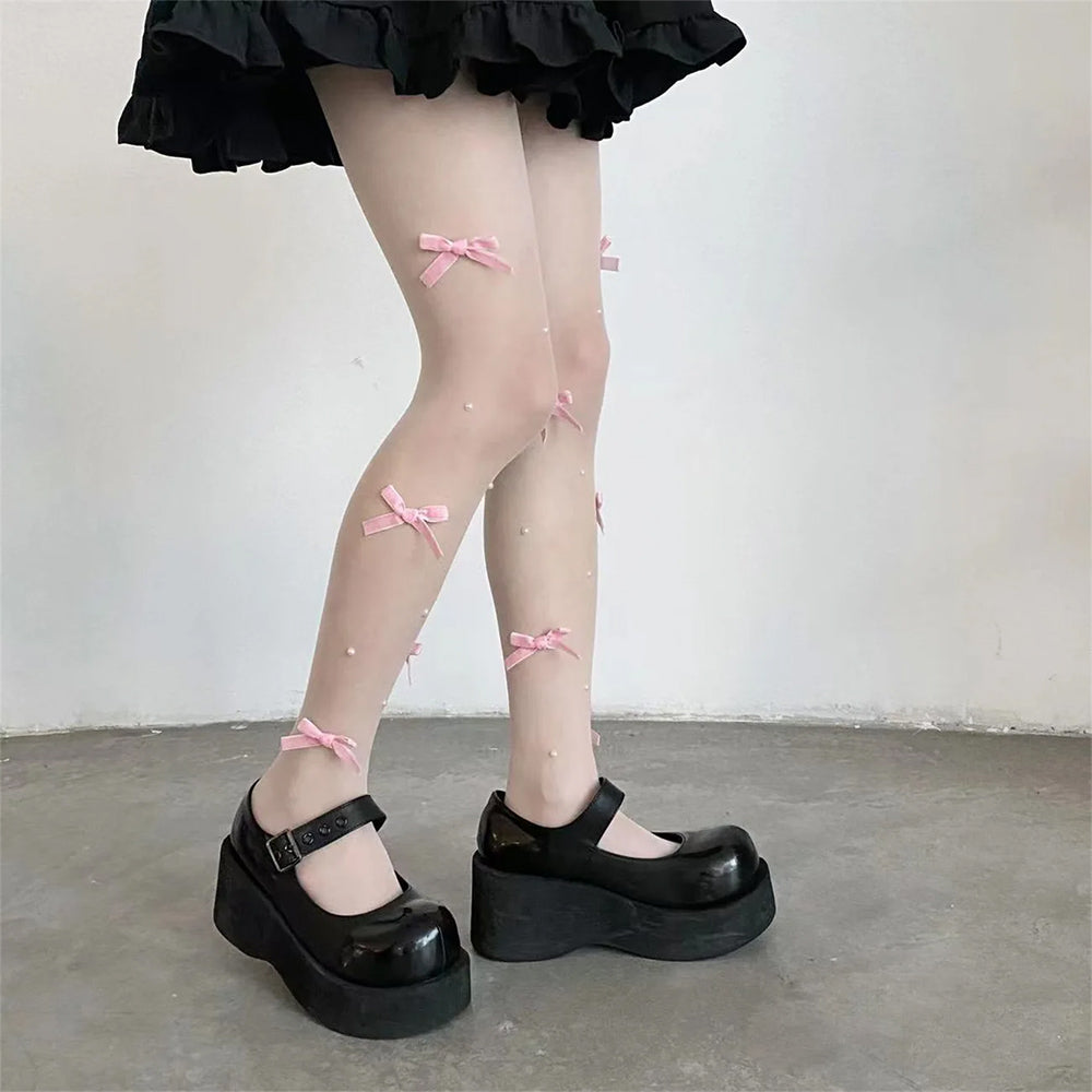 TIGHTS SET BOW PLATFORM SHOES FREE SIZE UNDERSTATED ELEGANCE