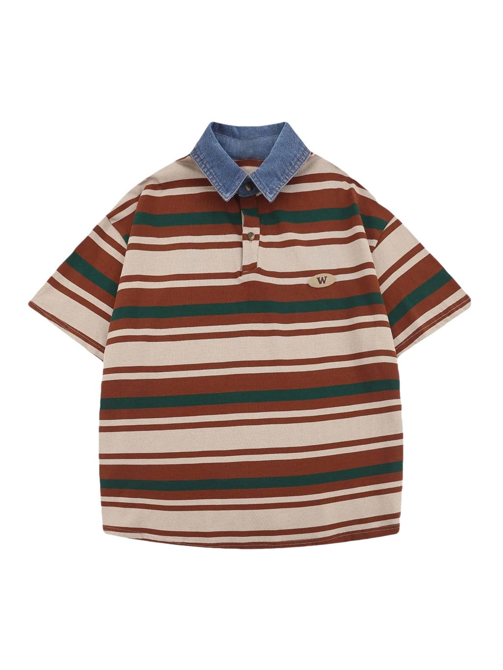 STRIPED POLO SHIRT WITH DENIM COLLAR - TRENDY CASUAL SHORT SLEEVE