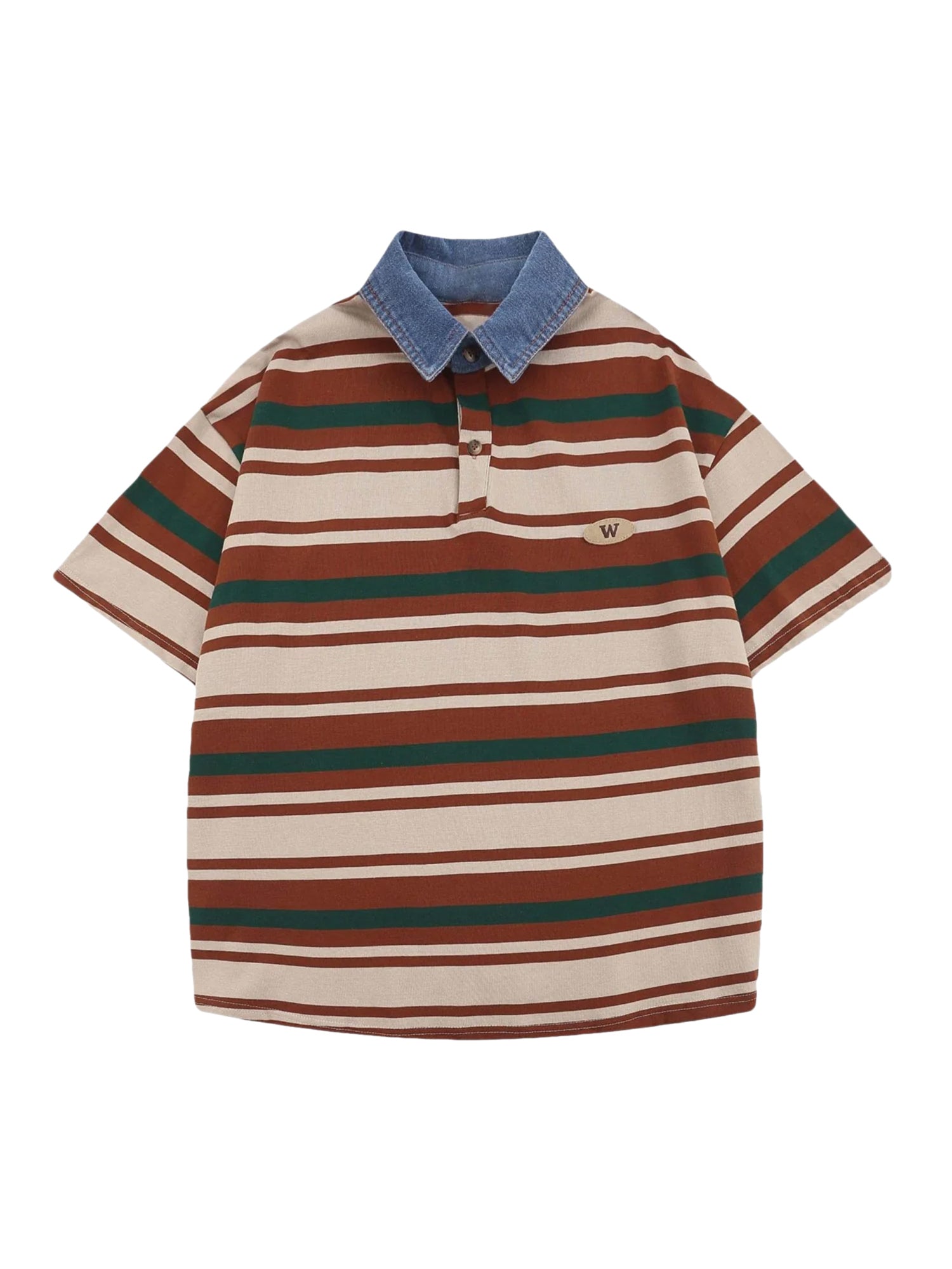 STRIPED POLO SHIRT WITH DENIM COLLAR - TRENDY CASUAL SHORT SLEEVE