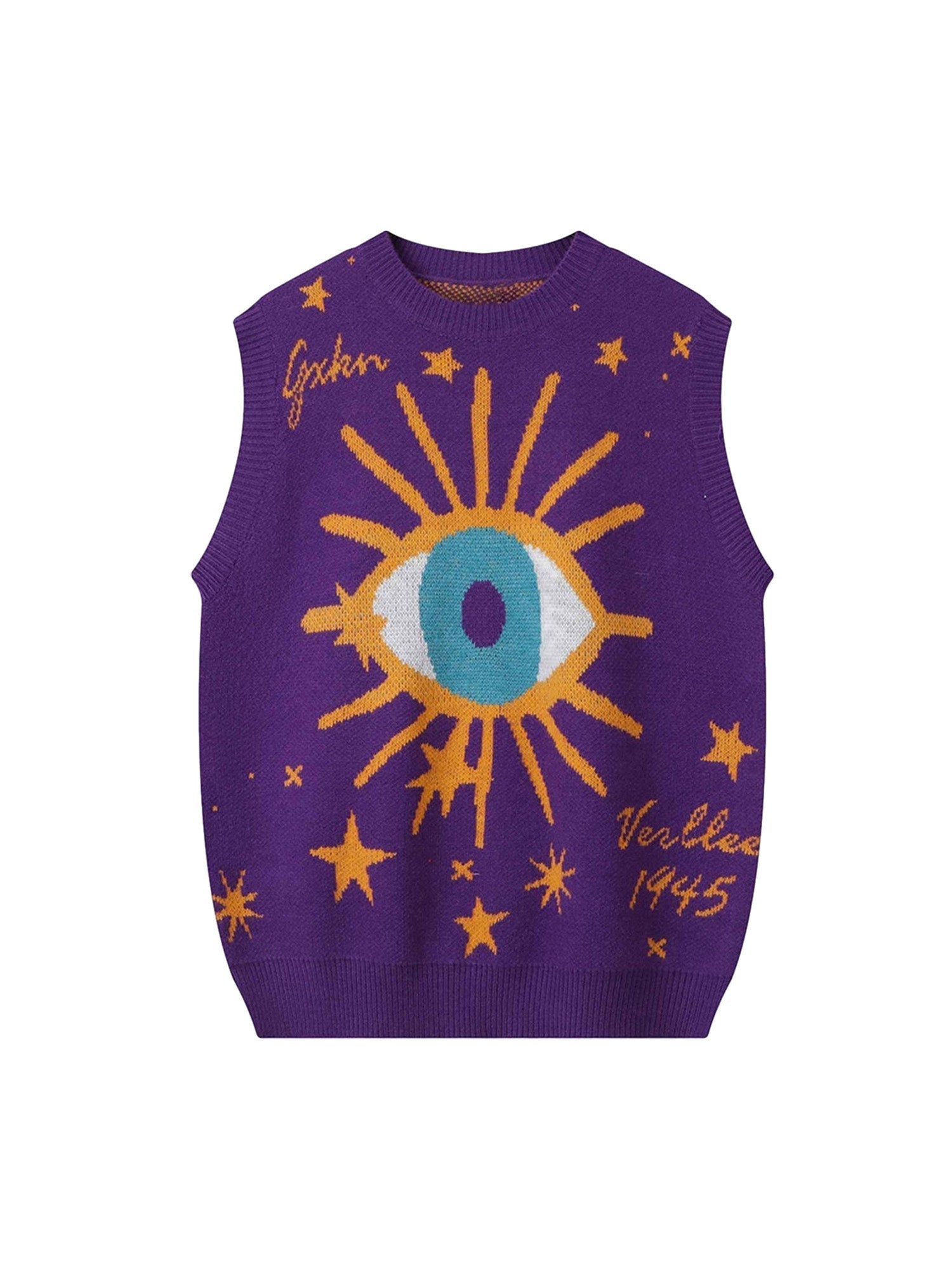 BLUE KNIT VEST WITH EYE DESIGN CASUAL SLEEVELESS PULLOVER TRENDY CASUAL