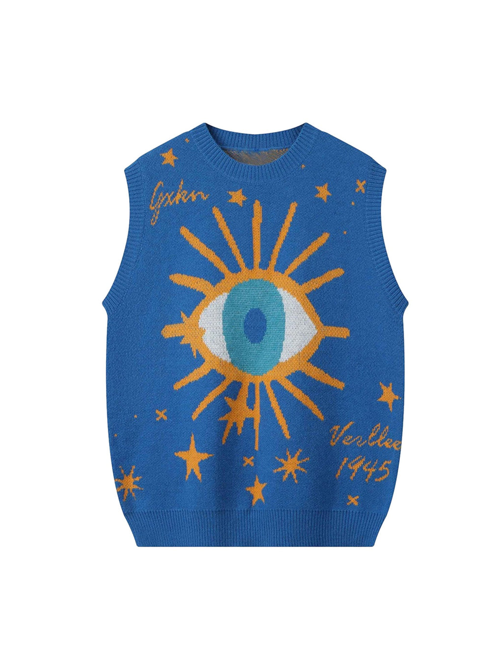 BLUE KNIT VEST WITH EYE DESIGN CASUAL SLEEVELESS PULLOVER TRENDY CASUAL