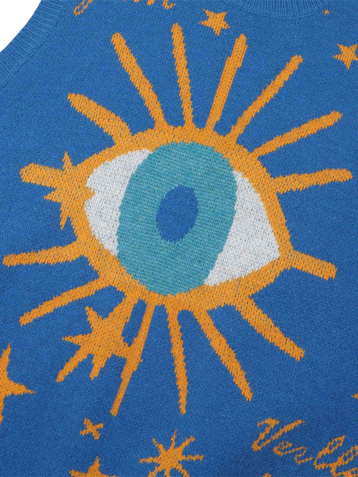 BLUE KNIT VEST WITH EYE DESIGN CASUAL SLEEVELESS PULLOVER TRENDY CASUAL