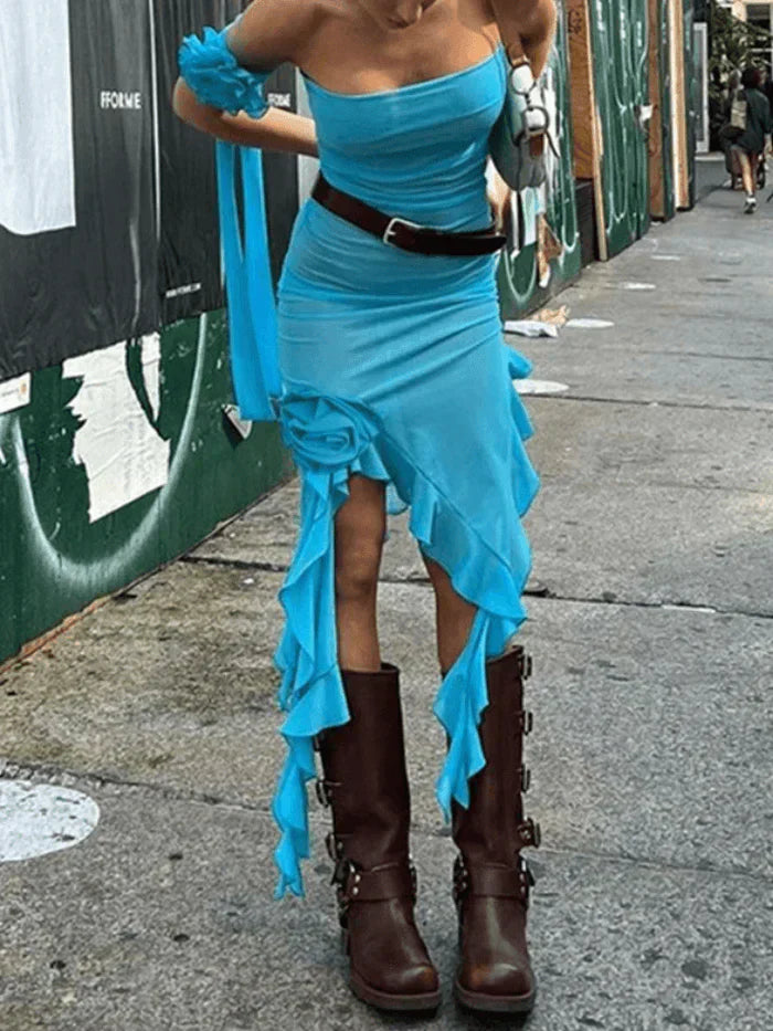 TURQUOISE RUFFLE BANDEAU MAXI DRESS WITH BROWN BELT AND BOOTS