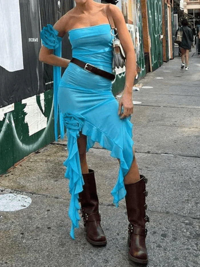 TURQUOISE RUFFLE BANDEAU MAXI DRESS WITH BROWN BELT AND BOOTS