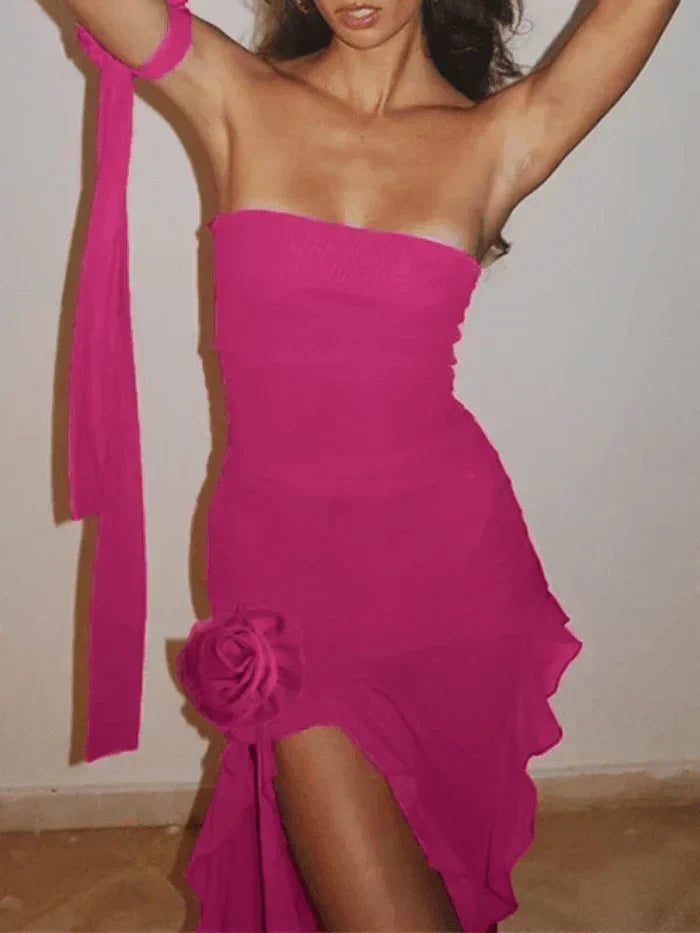 TURQUOISE RUFFLE BANDEAU MAXI DRESS WITH BROWN BELT AND BOOTS