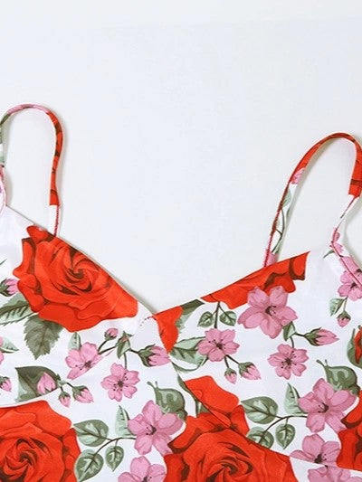 TWO-PIECE FLORAL PRINT SET WITH MAXI SKIRT IN RED TONES
