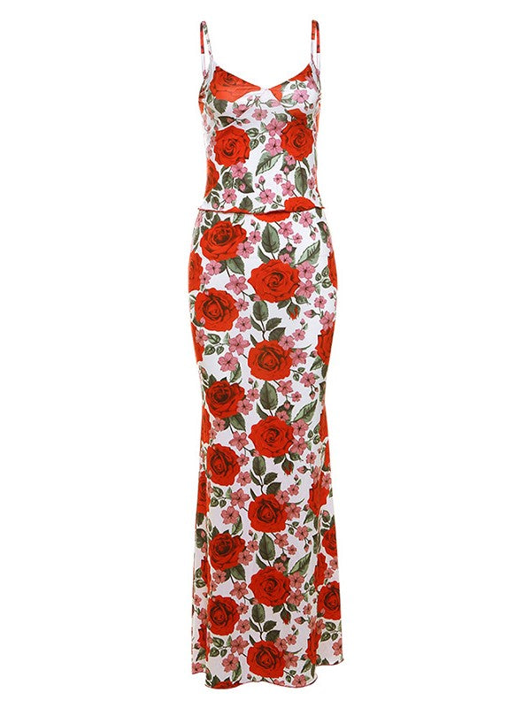 TWO-PIECE FLORAL PRINT SET WITH MAXI SKIRT IN RED TONES