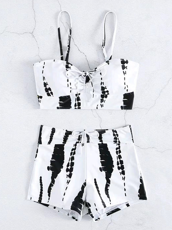 TWO-PIECE SWIMSUIT BLACK AND WHITE TIE-DYE WITH WHITE IRREGULAR PRINT