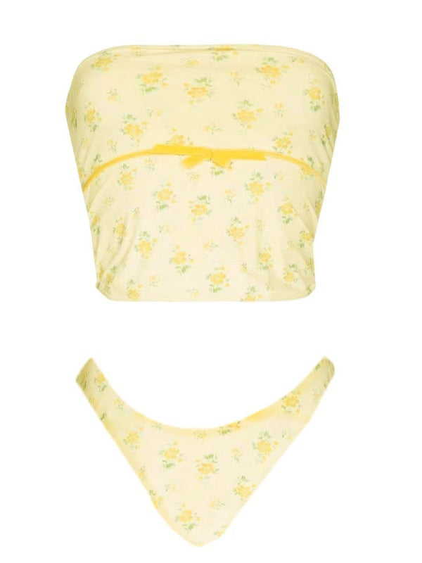 TWO-PIECE SWIMSUIT YELLOW CUTE FLORAL PATTERN