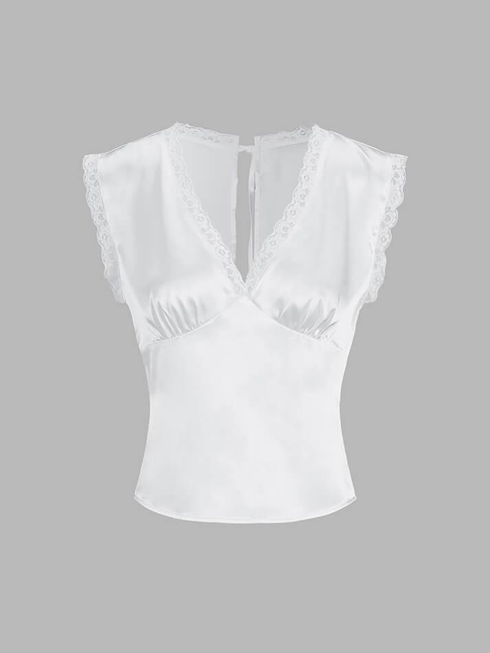 TWO-PIECE WHITE SATIN TOP AND SKIRT SET WITH WHITE FRENCH LACE DETAILS