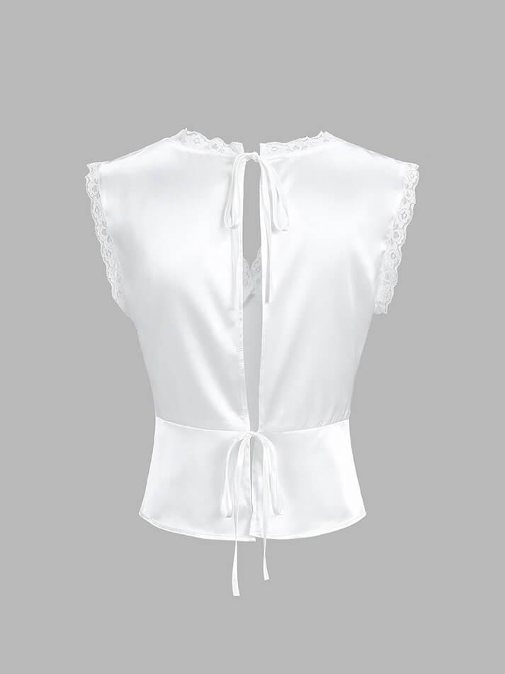 TWO-PIECE WHITE SATIN TOP AND SKIRT SET WITH WHITE FRENCH LACE DETAILS