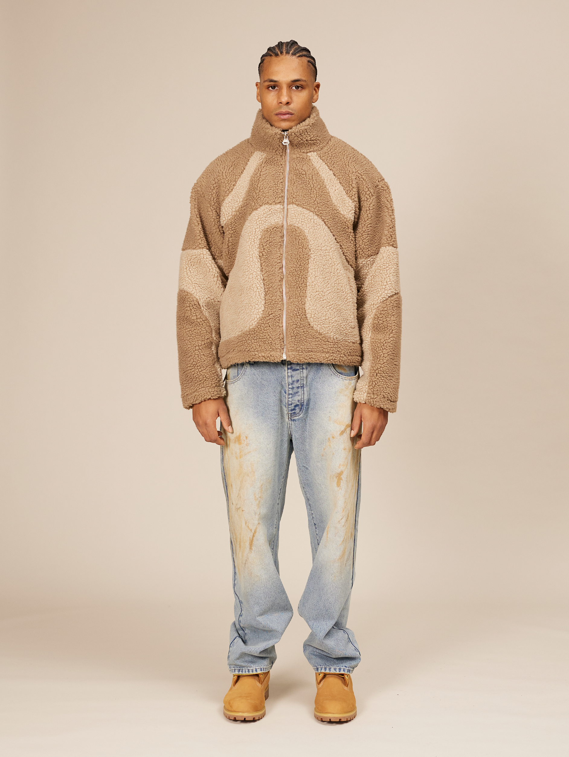 TWO-TONE FLEECE JACKET WITH OVERSIZED DROPPED SHOULDER DESIGN