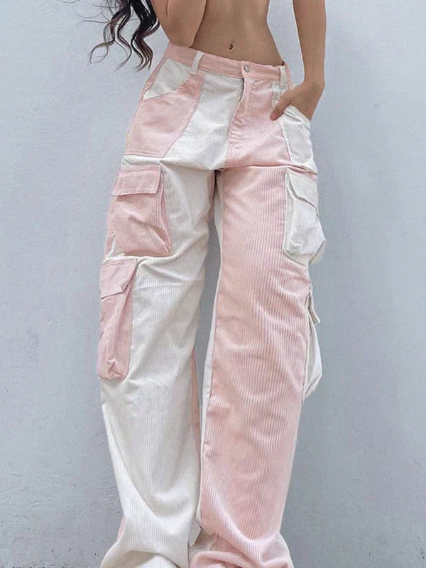 TWO-TONE PINK AND WHITE CARGO PANTS WITH PATCHWORK CORDUROY DESIGN