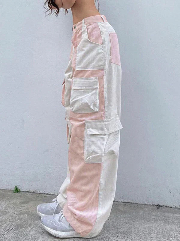 TWO-TONE PINK AND WHITE CARGO PANTS WITH PATCHWORK CORDUROY DESIGN