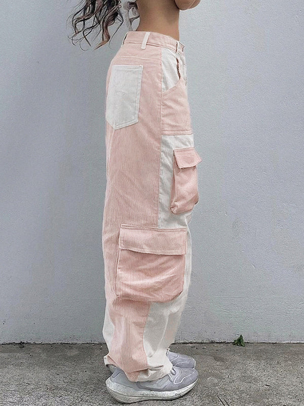 TWO-TONE PINK AND WHITE CARGO PANTS WITH PATCHWORK CORDUROY DESIGN