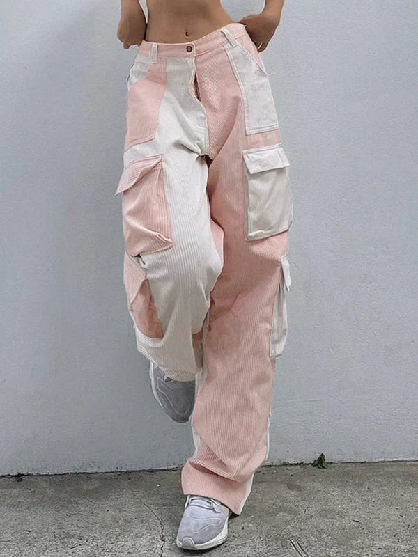 TWO-TONE PINK AND WHITE CARGO PANTS WITH PATCHWORK CORDUROY DESIGN