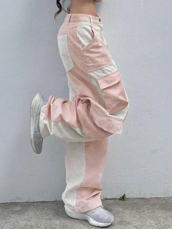 TWO-TONE PINK AND WHITE CARGO PANTS WITH PATCHWORK CORDUROY DESIGN