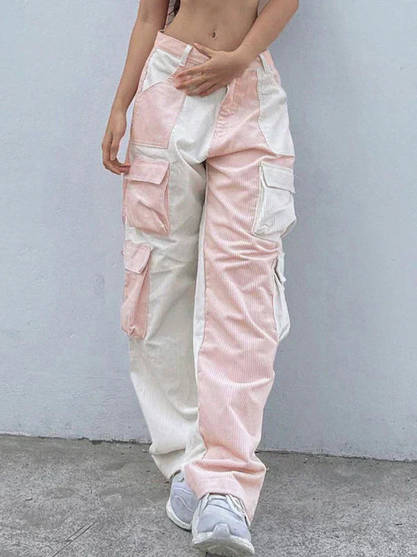 TWO-TONE PINK AND WHITE CARGO PANTS WITH PATCHWORK CORDUROY DESIGN