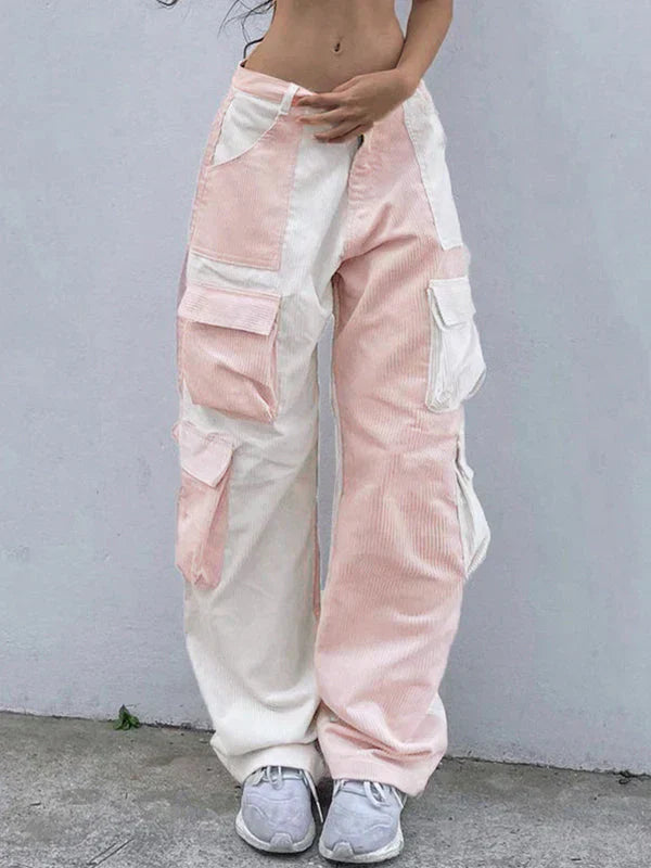 TWO-TONE PINK AND WHITE CARGO PANTS WITH PATCHWORK CORDUROY DESIGN