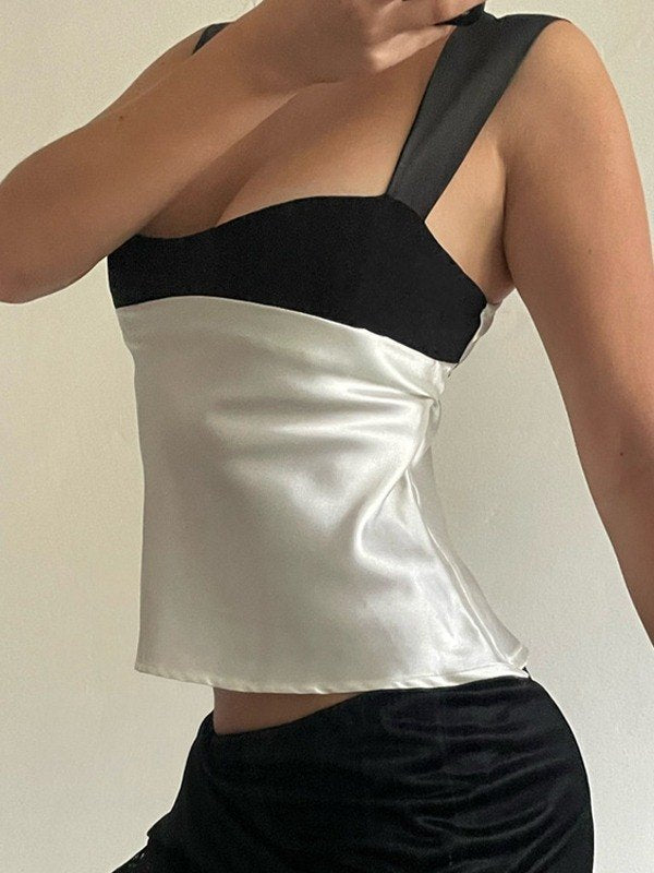 TWO-TONE SATIN TANK TOP WITH PATCHWORK DESIGN