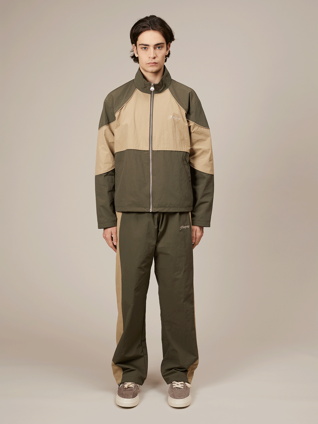 TWO-TONE ZIP-UP JACKET IN DARK GREEN CRINKLE NYLON