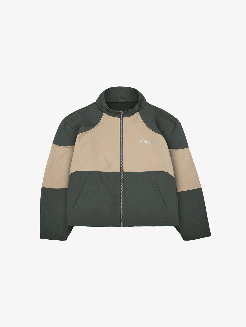 TWO-TONE ZIP-UP JACKET IN DARK GREEN CRINKLE NYLON
