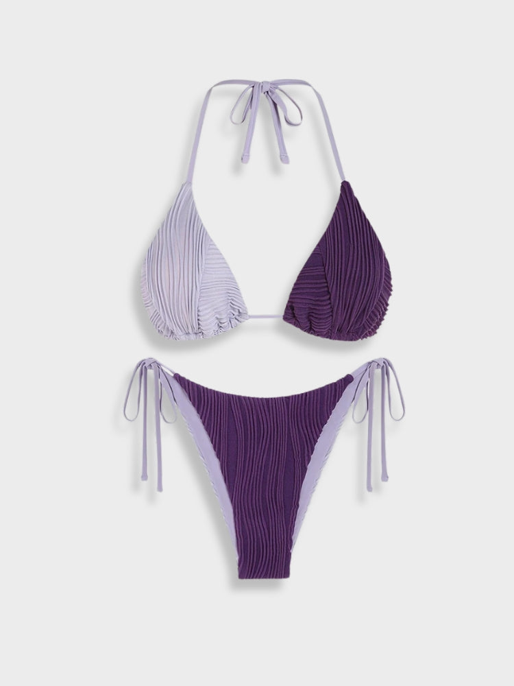 TWO-TONED PURPLE TEXTURED BIKINI WITH WOMEN’S SIZE GUIDE FOR PERFECT FIT