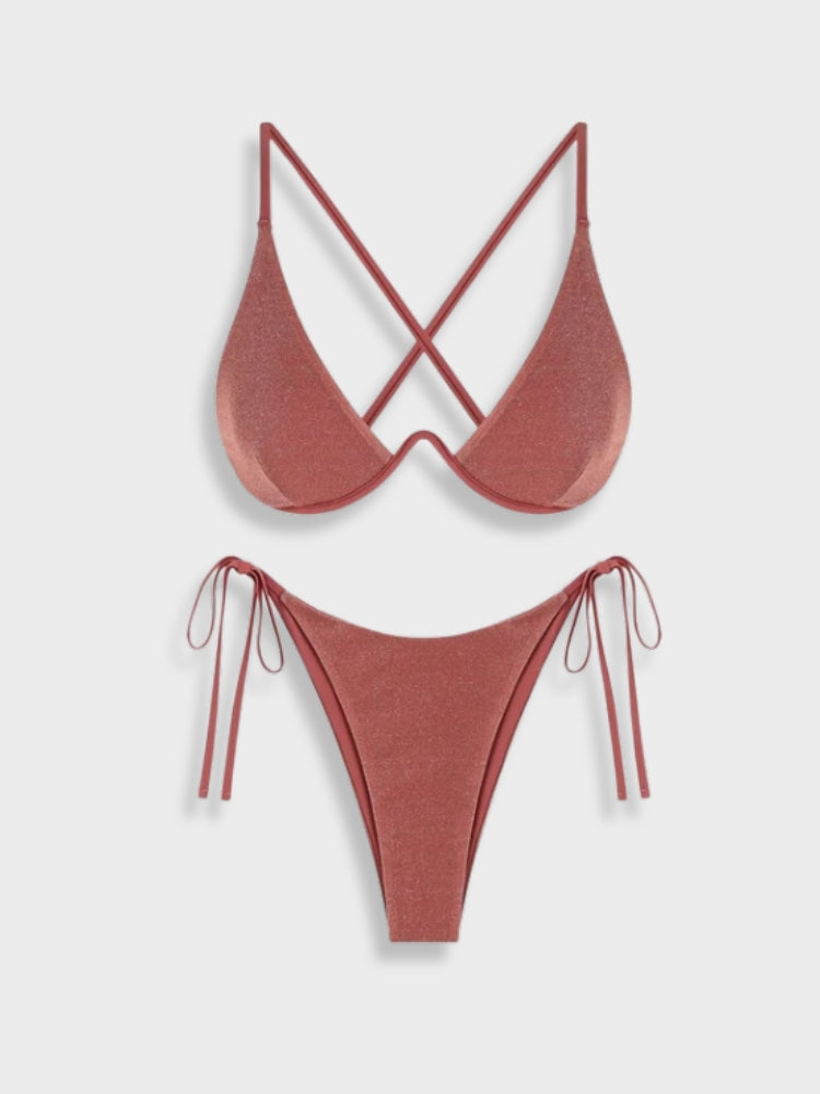 TWO-TONED PURPLE TEXTURED BIKINI WITH WOMEN’S SIZE GUIDE FOR PERFECT FIT