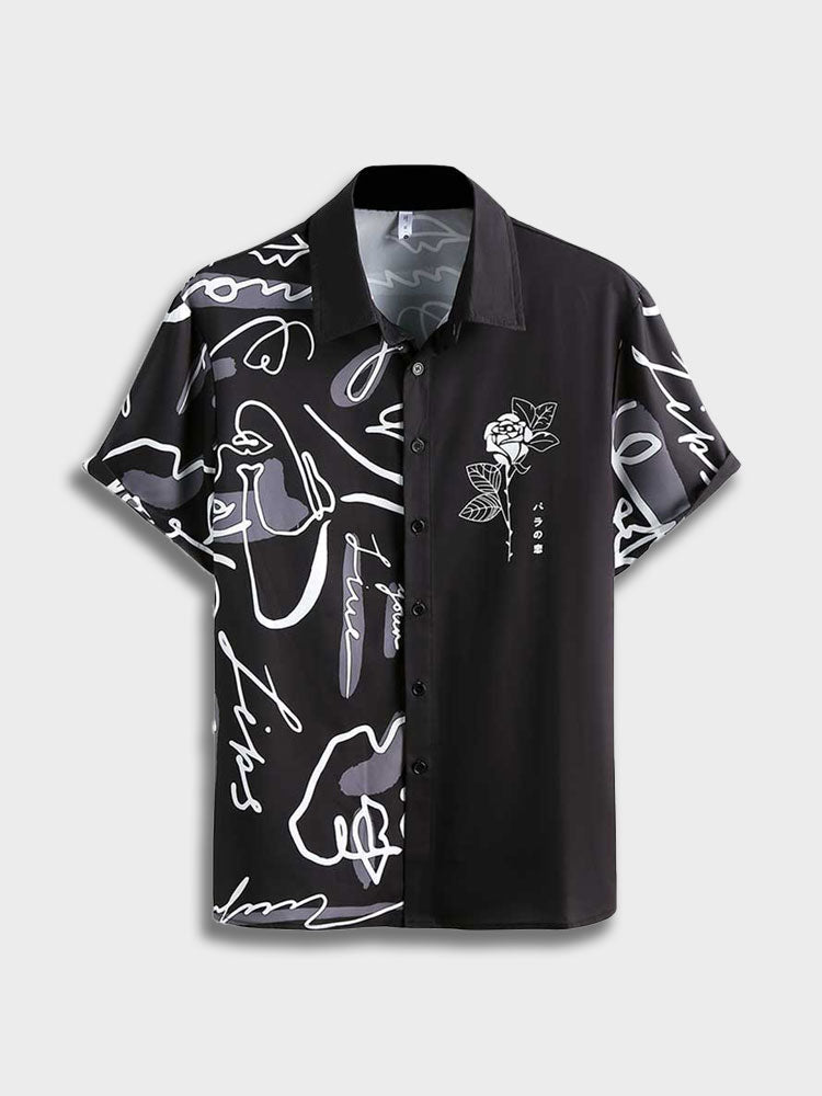 TWO-TONED SHORT-SLEEVED SHIRT WITH ROSE AND ABSTRACT FACE DESIGN