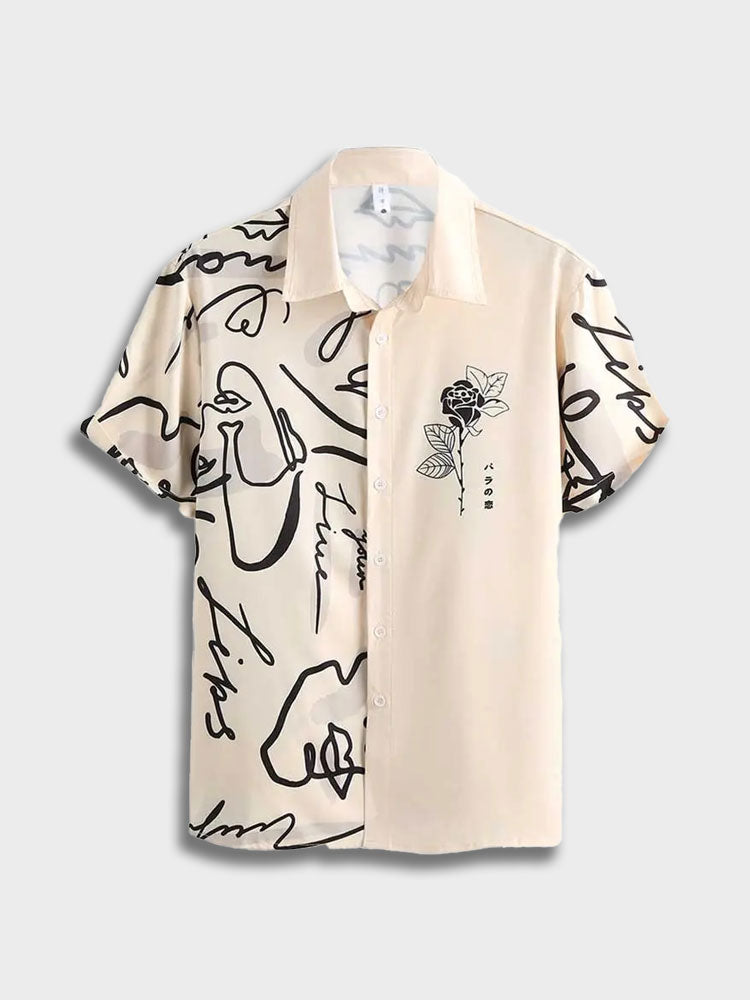TWO-TONED SHORT-SLEEVED SHIRT WITH ROSE AND ABSTRACT FACE DESIGN
